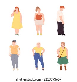 People Characters with Corpulent Body in Standing Pose Vector Illustration Set