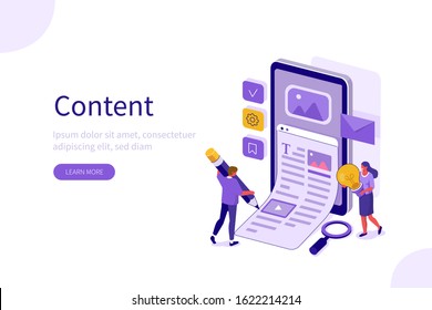 People Characters Creating and Marketing Content. Man and Woman Writing Author Blog for Social Media. Blogging, Copywriting and Content Management Concept. Flat Isometric Vector Illustration.