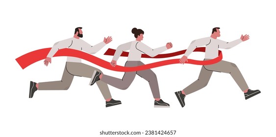 People characters crossing finish line. Team leader tears red finish ribbon. Concept of professional competition, leadership, teamwork. Flat vector illustration of runners isolated on white background