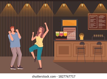 People characters dancing in bar pub cafe. Vector flat graphic design cartoon illustration
