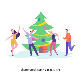 Personagens dançando, comemorando Feliz Natal e Feliz Ano Novo à noite. Cartão de Festa ou Cartaz de Convite Xmas. Ilustração vetorial