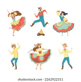 People Characters Dancing at Folk Party Celebrating Traditional Brazil June Festival Vector Set