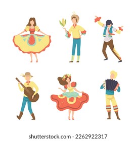 People Characters Dancing at Folk Party Celebrating Traditional Brazil June Festival Vector Set