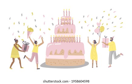 People Characters dancing near Birthday Cake and Celebrating. Woman and Man holding Gifts and Balloons. Friends Enjoying the Bday Party. Happy Birthday Concept. Flat hand darwn Vector Illustration.