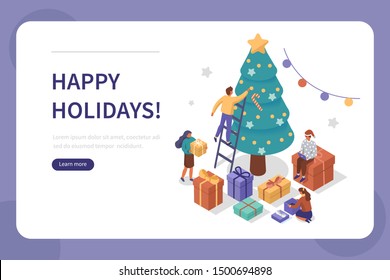 People characters decorating Christmas tree and preparing gift boxes. Woman and Man celebrating winter Holidays. Merry Christmas and Happy New Year Concept. Flat Isometric Vector Illustration. 