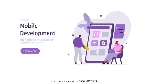 People characters developing new mobile app. Developers team programming and coding code for mobile user interface. Development process concept. Flat cartoon vector illustration.