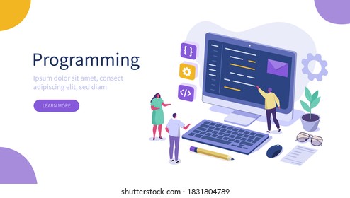 People Characters Developing new Software on Laptop.  Developers Team Programming and Coding Program Code Together. Development Process Concept. Flat Isometric Vector Illustration.
