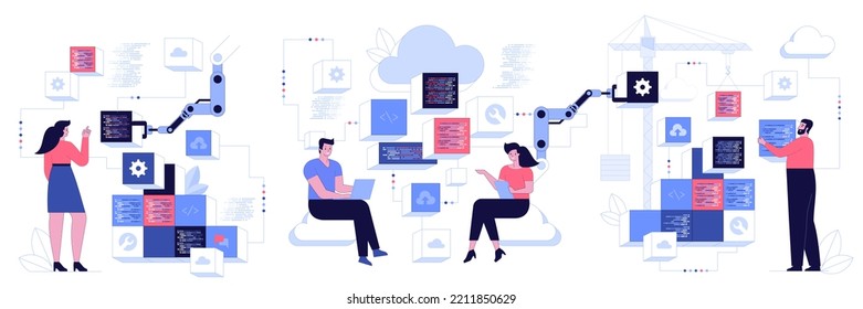 People characters developing software program and mobile app. Developers programming and writing program code. Programming and engineering development process concept. Vector illustration