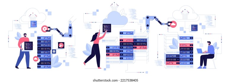 People characters developing software program and mobile app. Developers programming and writing program code. Programming and engineering development process concept. Vector illustration