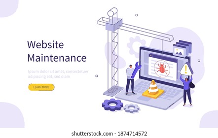People Characters Developing Web Site. Woman and Man Solving Errors and Bugs. Website Maintenance Process and Under Construction Concept Page. Flat Isometric Vector Illustration.