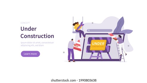 People characters developing web site. Developers team solving errors and bugs. Website maintenance process and under construction concept page. Flat cartoon vector illustration.