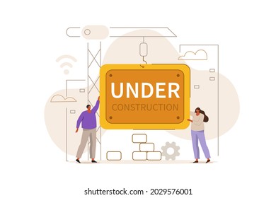 People characters developing web site. Developers team solving errors and bugs. Website maintenance process and under construction page. Flat cartoon vector illustration.