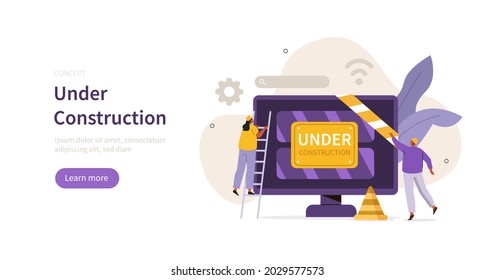 People characters developing web site. Developers team solving errors and bugs. Website maintenance process and under construction concept page. Flat cartoon vector illustration.
