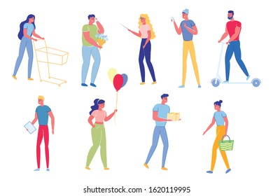 People Characters in Different Activities Flat Cartoon Vector Illustration. Person Pushing Trolley or Cart, Man Holding Flowers, Riding Scooter, Woman with Colorful Balloons, Boy Carrying Parcel.