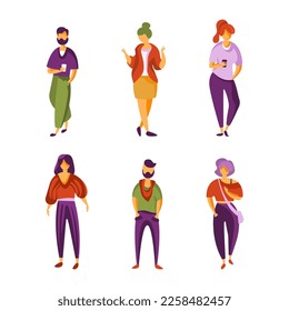 People Characters in Different Clothing and Hairstyle Standing and Walking Vector Set