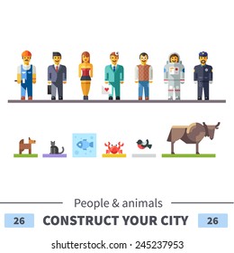 People characters of different professions, men and women, and different animals. Set of elements for construction of urban and village landscapes. Vector flat illustration