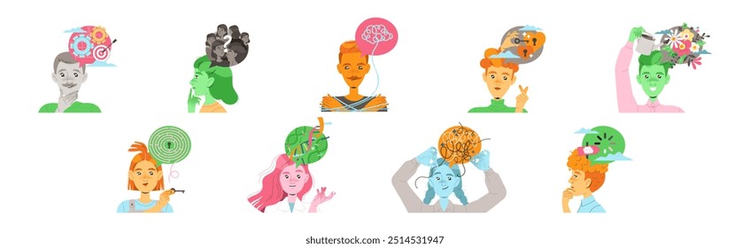 People Characters with Different Types of Thinking and Mindset Model Vector Set