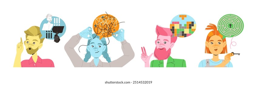 People Characters with Different Types of Thinking and Mindset Model Vector Set
