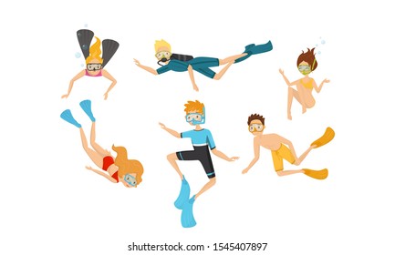 People characters Diving Vector Illustration Set. Deep Plunging Concept