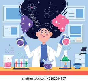 People characters doctor professor scientist working in medical laboratory concept. Vector cartoon design element illustration