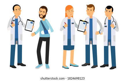 People Characters Doctors Wearing Medical Uniform Observing Patient Vector Illustrations Set