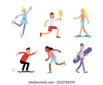 People Characters Doing Different Sport Activity Figure Skating, Tennis Playing, Skateboarding, Running and Snowboarding Vector Set