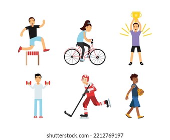 People Characters Doing Different Sport Activity Cycling, Jumping over Barrier, Lifting Dumbbell, Playing Golf and Basketball Vector Set