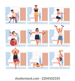 People Characters Doing Sport at Home with Dumbbells Squatting and Stretching Body Vector Illustration Set