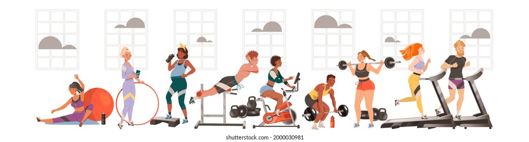 People Characters Doing Sport and Physical Exercise at Gym Training Body and Muscle Vector Illustration