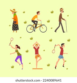 People Characters Doing Sport and Walking in City Park on Green Grass Vector Set