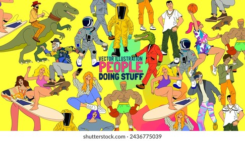 People characters doing stuff, in situations with an astronaut, surfer and a cowboy riding a dinosaur. Vector illustration.