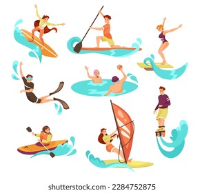 People Characters Doing Water Sport Activity with Turquoise Wave Vector Set