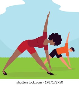 people characters doing yoga in grass