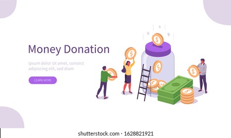 People Characters Donate Money for Charity. Volunteers Collecting and Putting Coins And Banknotes in Donation Jar. Financial Support and Fundraising Concept. Flat Isometric Vector Illustration.