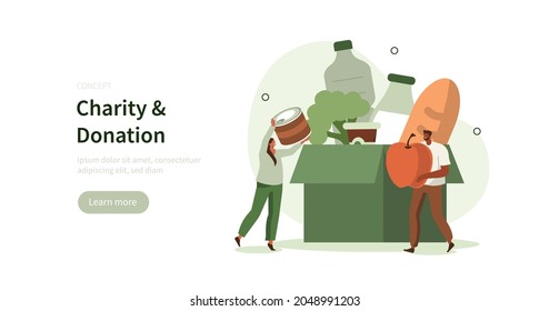 People characters donating for charity. Volunteers collecting and putting  food and beverages in donation box. Charity and support concept. Flat cartoon vector illustration isolated.