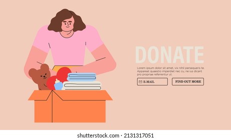 People Characters Donating For Charity. Volunteers Collecting And Putting Money, Toys, Food And Clothes For Children In Donation Boxes. Charity And Financial Support Concept Banner, Landing Page. 