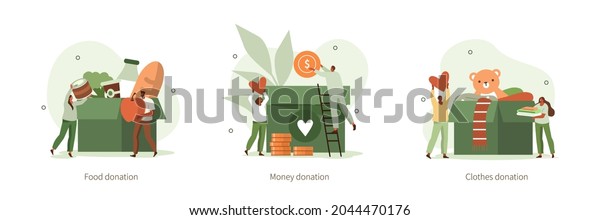People characters donating for charity.\
Volunteers collecting and putting money, food and clothes in\
donation boxes. Charity and financial support concept. Flat cartoon\
vector illustration\
isolated.\
