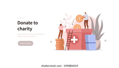 People characters donating money for charity. Volunteers putting coins and banknotes in big donation box. Charity support and fundraising concept. Flat cartoon vector illustration.