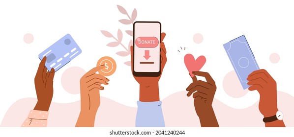 People characters donating money for charity online. Volunteers collecting charitable donations. Online charity and financial support concept. Flat cartoon vector illustration.
