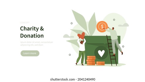 People characters donating money for charity. Volunteers collecting and putting coins in donation box. Charity financial support and fundraising concept. Flat cartoon vector illustration isolated.