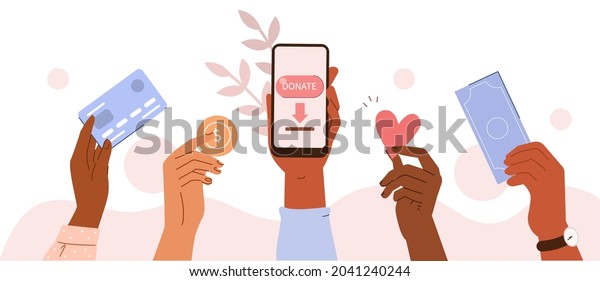 People characters\
donating money for charity online. Volunteers collecting charitable\
donations. Online charity and financial support concept. Flat\
cartoon vector\
illustration.\

