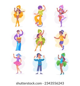 People Characters Dressed in Carnival and Party Outfit Vector Set