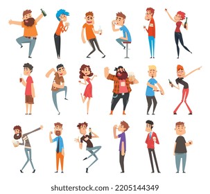 People Characters Drinking Alcohol with Wineglass and Beer Mug Vector Set