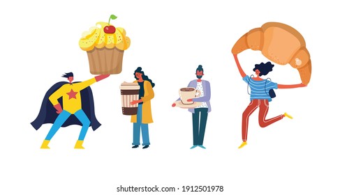 People characters drinking coffee and eating sweet food isolated set collection. Vector flat graphic design illustration