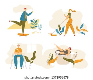 People Characters Drinking Coffee. Man Skateboarding with Cup of Tea. Woman Walking with Dog and Hot Drink. Guy on Coffee Break. Vector flat cartoon illustration