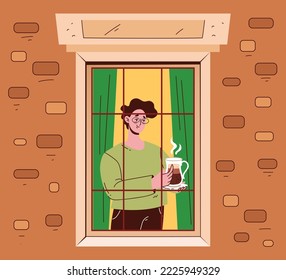 Personajes de la gente bebiendo café caliente en la ventana abierta concepto diseño ilustración