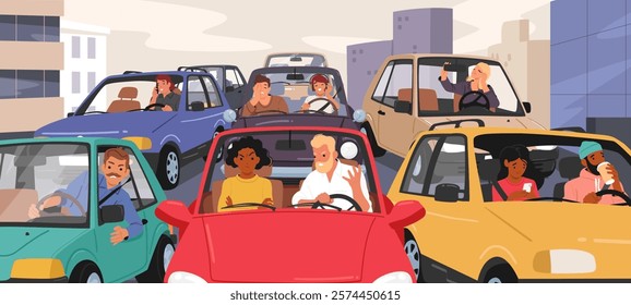 People characters driving car in city traffic jam waiting for movement demonstrating different emotions cartoon scene. Road situation with drivers and passengers in automobile vector illustration