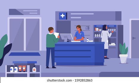 People Characters in Drugstore. Medical Staff Working in Pharmaceutical Industry. Doctor Pharmacist Consulting Patient in Pharmacy Store. Man Holding Prescription. Flat Cartoon Vector Illustration. 