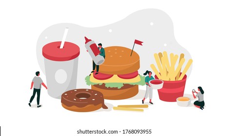 People Characters eating Fast Food Dishes. Burger, French Fries, Soda Drink and other Junk Food. Different Unhealthy Eating, Snacks and Drinks. Flat Isometric Vector Illustration.