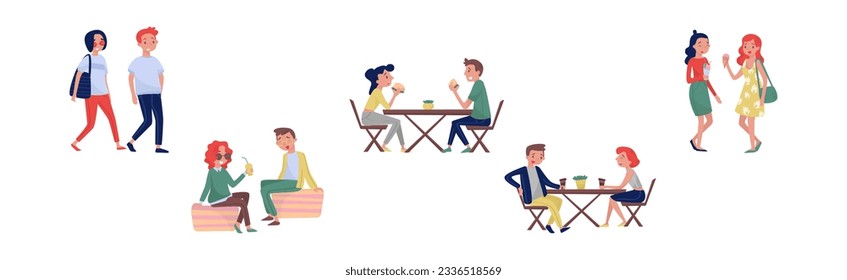 People Characters Eating Street Food Outdoor Vector Set
